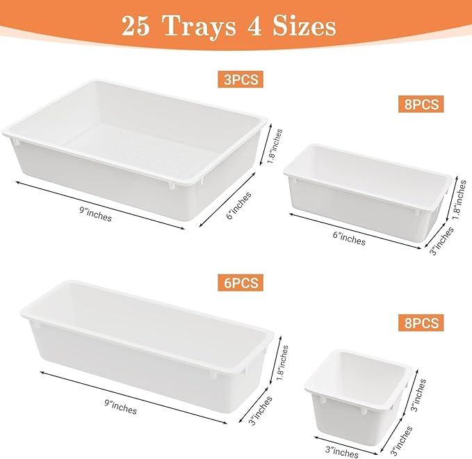 25 PCS Plastic Drawer Organizer Set, 4-Size Versatile Organizer Trays & storage Bins for Makeup, Jewelry, and Gadgets in Bathroom, Bedroom and Office, White-NeatNest