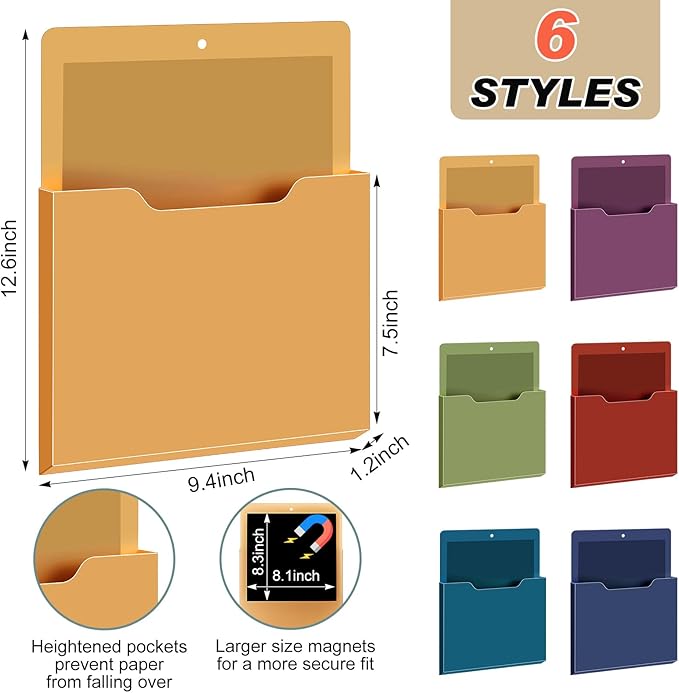 Fuutreo 6 Pcs Magnetic Wall File Organizer Magnetic Wall File Holder Refrigerator Magazine Holder for Mail Letters Paper(Dark Vintage,10 x 13 Inch,Vertical)