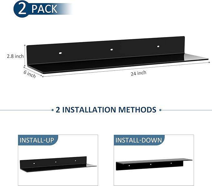 24 Inches Acrylic Wall Shelves 2 Pack, Floating Shelf for Wall Mounting, Acrylic Display Ledges for Funko Pop Figures, Home Décor, Living Room, Gaming Room, Plants(24 inch, Black)-NeatNest