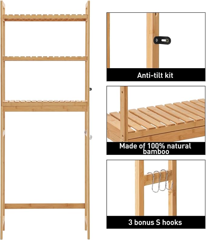 HITOMEN Over The Toilet Storage Cabinet, Bamboo Adjustable 3-Tier Above Toilet Shelf, Stable Freestanding Above Toilet Organizer with 3 Hooks for Bathroom Restroom Laundry Balcony, Natural 67" H