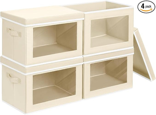 Storage Boxes with Lids - 4 Pack Fabric Clear Window Storage Bins, Large Decorative Storage Bins with Handles, Linen Closet Organizer for Clothes, Towel, Blanket, Beige-NeatNest