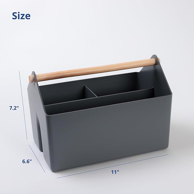 BLUE GINKGO Medium Storage Basket – Plastic Caddy with Wooden Handle for Office, Arts & Crafts, or Home Supplies (Gray)-NeatNest