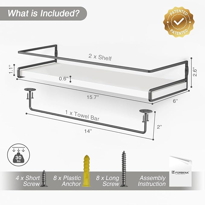 Forbena White Floating Shelves for Bathroom Organizer Over Toilet, Bathroom Shelves Wall Mounted with Towel Rack, Corner Wall Shelf for Bedroom Decor Kitchen Storage (White-Dark Grey, Set of 2)