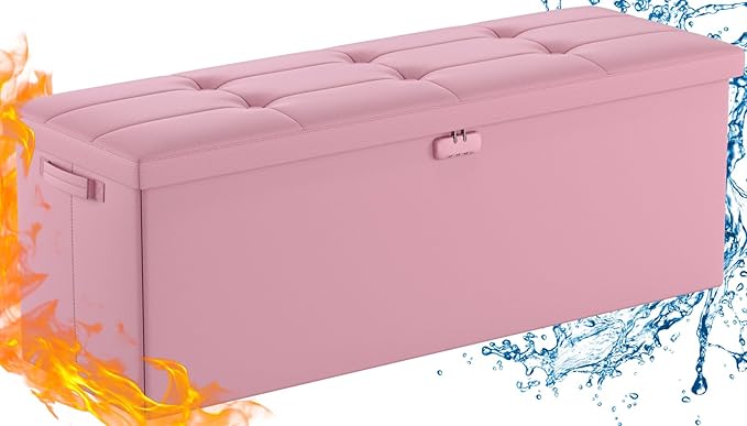 DocSafe Storage Ottoman Bench, Fireproof＆Waterproof Folding Bench with Lock(15”x 43”x15”), Leather Storage Chest with Handles＆2 Extra Boxes, Ottoman Safe for Bedroom,Living Room,Home Office, Pink-NeatNest