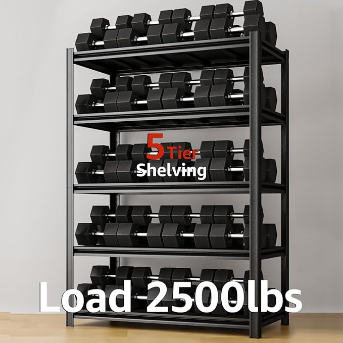 5 Tier Metal Shelving Unit, 72" H x 48" W Adjustable Storage Shelves, Heavy Duty Garage Shelves for Warehouse, Basement, Kitchen, Pantry, Living Room, 2500LBS, Black, 18" D-NeatNest