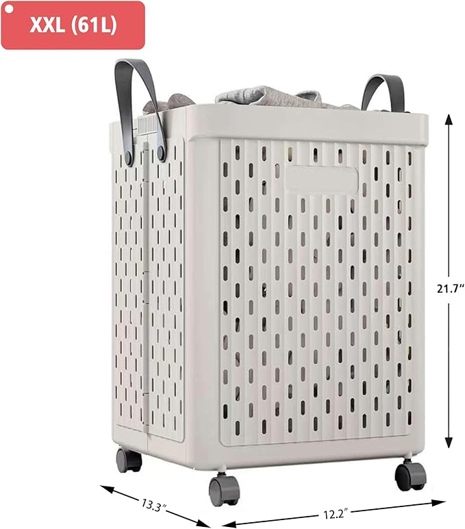 UAK Laundry Basket with Wheels, Collapsible Plastic Laundry Hamper with Handle, Foldable Laundry Basket Organizer for Laundry and Bathroom (Light Grey, XXL)