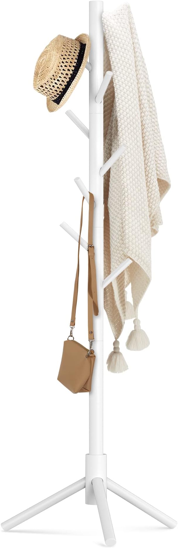 Haddockway Wooden Coat Rack Stand with 8 Hooks New Zealand Pine 3 Adjustable Coat Standing Tree Easy Assembly for Coats, Hats, Scarves and Handbags for Entryway, Hallway, Bedroom, Office, white-NeatNest