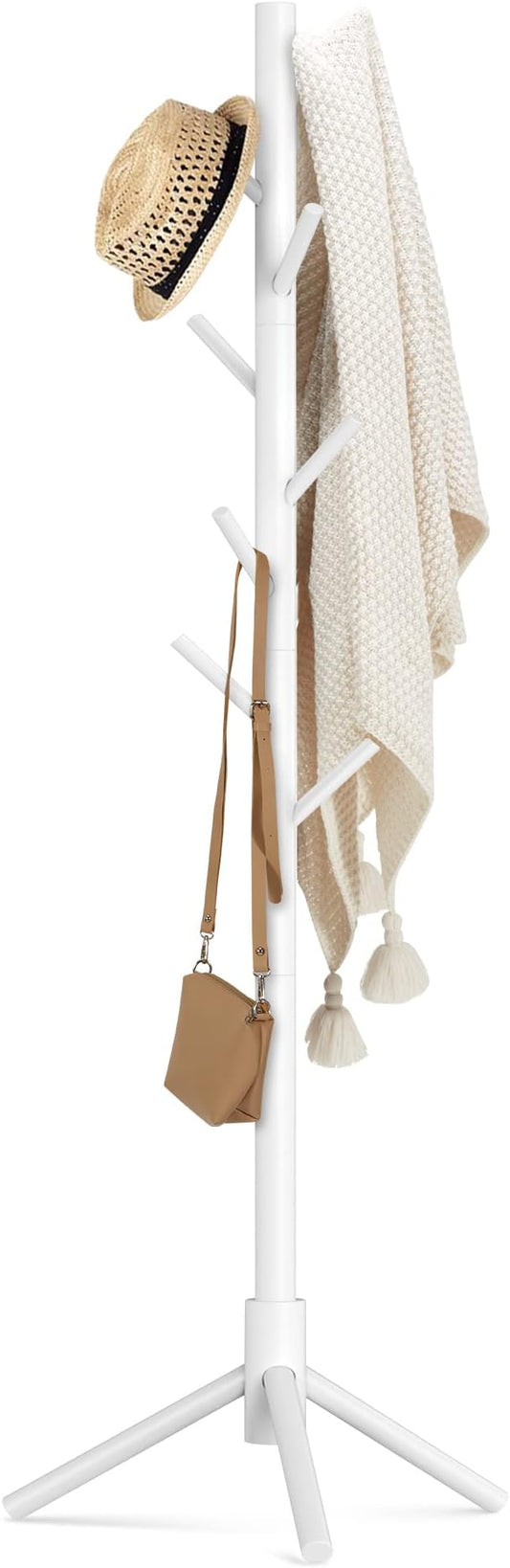 Haddockway Wooden Coat Rack Stand with 8 Hooks New Zealand Pine 3 Adjustable Coat Standing Tree Easy Assembly for Coats, Hats, Scarves and Handbags for Entryway, Hallway, Bedroom, Office, white-NeatNest