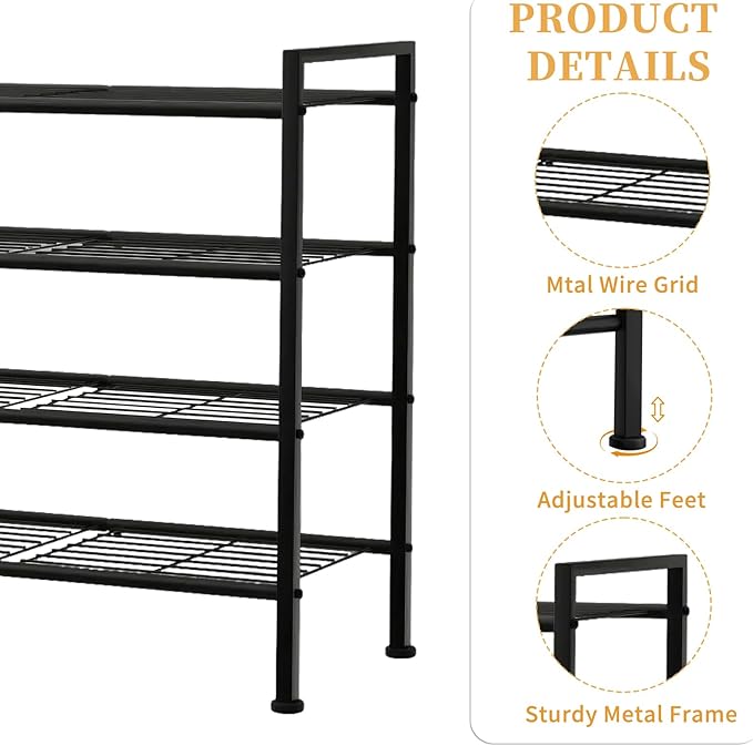 Simple 4 Tier Shoe Rack,Metal Stackable Shoe Storage Organizer for Closet,Entryway, Bedroom, Black (Black, 4-Tier)-NeatNest