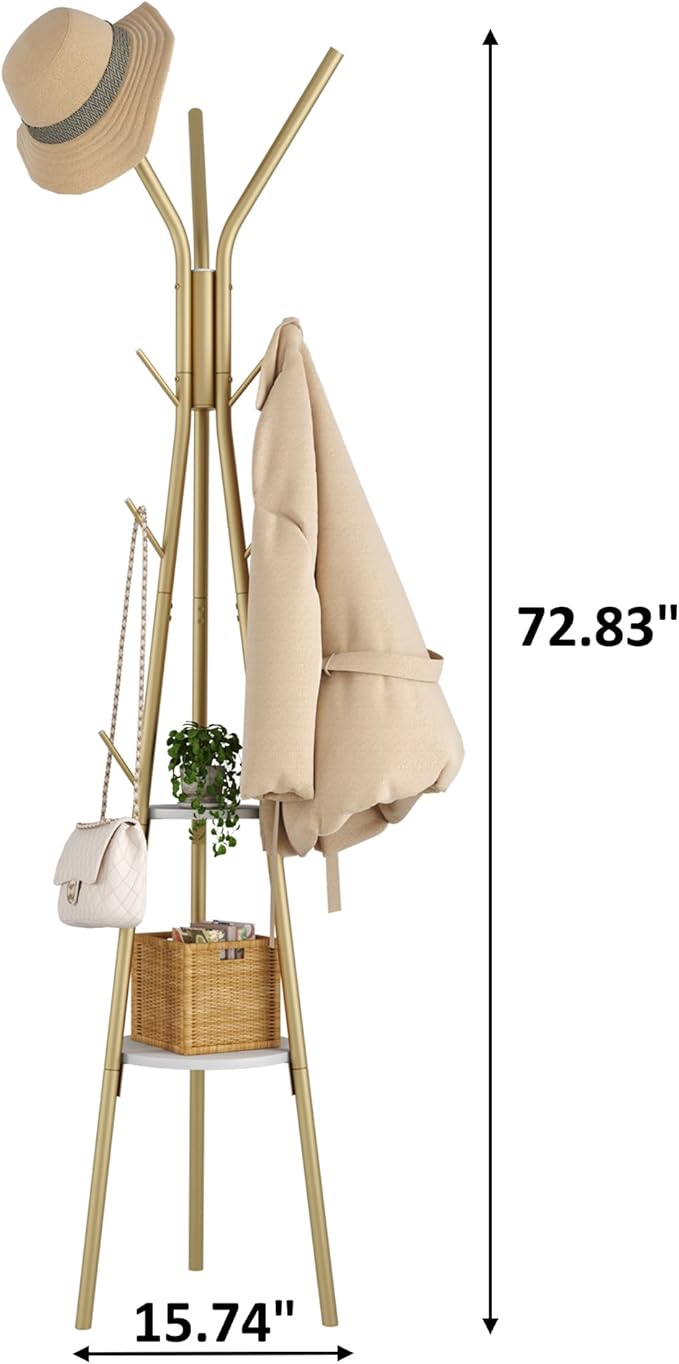 HOMEFORT Coat Rack, Coat Hanger Stand with 2 Shelves, Freestanding Hall Tree, Metal Hat Hanger with 12 Hooks for Clothes Hats and Scarves (Gold)-NeatNest