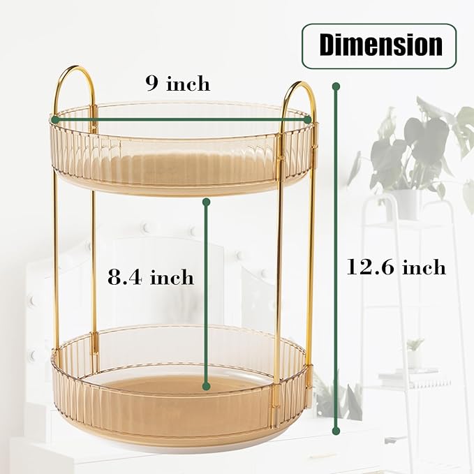 Rotating Makeup Organizer Countertop 2 Tier Lazy Susan Trays Clear Skincare Perfume Storage for Bathroom Counter Vanity, Amber Gold-NeatNest