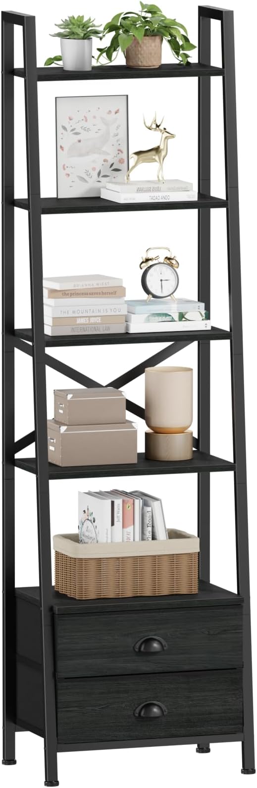 Furologee 5-Tier Ladder Shelf with 2 Drawers,Narrow Bookshelf Storage Shelves,Industrial Bookcase Freestanding Rack Units for Bedroom,Living Room,Bathroom,Home Office,Balcony,Wood Metal, Black Oak
