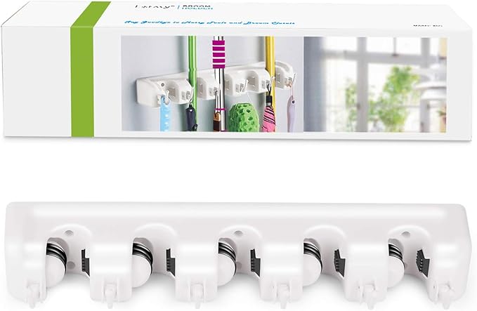 LETMY Broom Holder Wall Mount - Mop and Broom Hanger Holder - Garage Storage Rack & Garden Tool Organizer - 5 Position 6 Hooks Broom Rack for Home, kitchen, Garden, Tools, Garage Organization - White-NeatNest