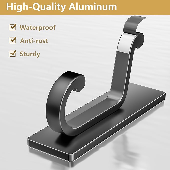 6 Pack Self Adhesive Wall Black Hooks - Sticky Hooks Wall Mount for Clothes, Towel, Robes, Keys, Purse, Backpack, Heavy Duty Hooks for Door Kitchen Bathroom Shower Rental Houses, Hold 10Lbs.