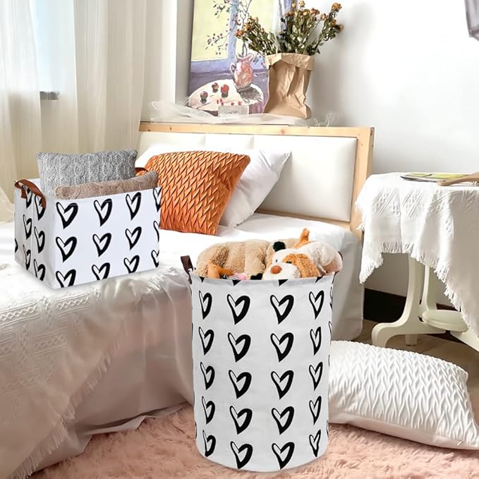 CLOCOR Heart Rectangular Basket, Cute Pattern Storage Bin, Collapsible Waterproof Storage Box with Handles for Kids, Gift Baskets, Shelf Basket (Black Hearts)-NeatNest