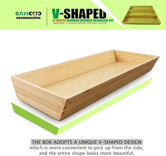 2-Piece V-Shaped Bamboo Drawer Organizer - Ideal for Kitchen's Large Long Tableware, Cooking Utensils, Flatware, Silverware - Wood Storage Box for Home, Bedroom, Bathroom (19.6"x12.4" & 19.6"x7.8")-NeatNest