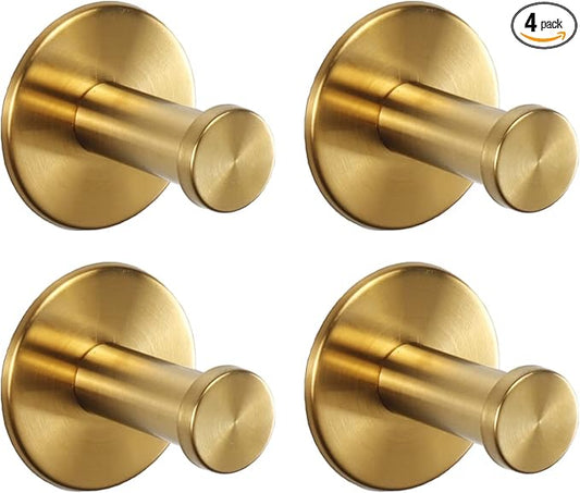 Bath Towel Hooks, 4 Pack Self Adhesive Coat Hooks, Sturdy No Drilling Robe Hook, SUS 304 Stainless Steel Heavy Duty Clothes Hanger, Wall Hooks for Bathroom Bedroom Kitchen (2 in, ‎Gold)