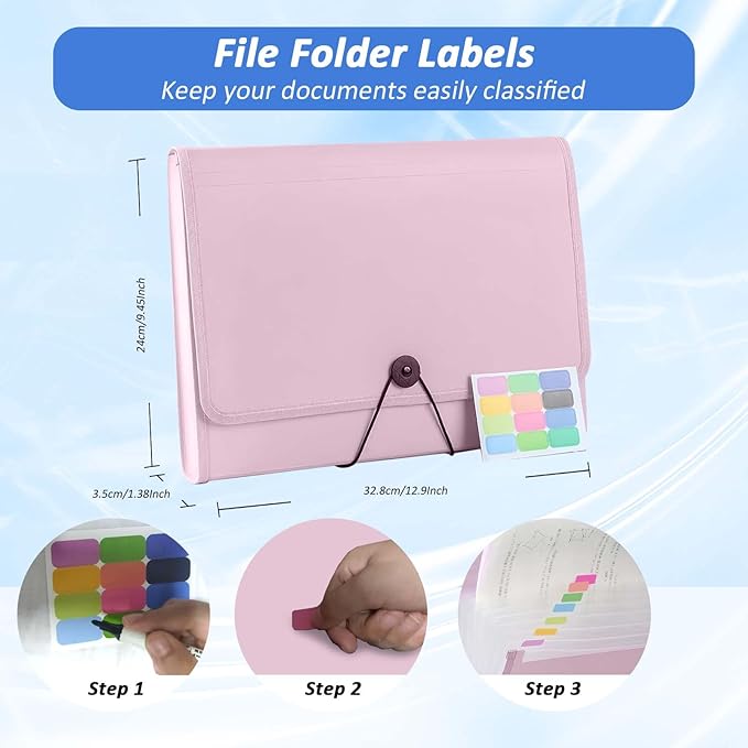 Expanding File Folder with Labels,File organizer 13 Pockets File Organizer Accordion Filing Folder Expandable File Folder,Portable Bill Receipt Organizer for Home School Office Supplies,Letter A4 Size