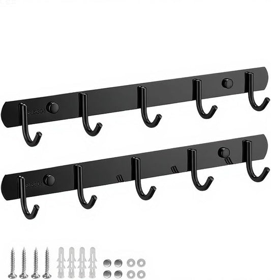 2 Pack 5 Single-Hook Wall Coat Rack - Thickened 304 Stainless Steel Hook Racks, Modern Coat Rack with Hooks, Durable Wall Hangers, Jacket Hooks, Towel Rack, Matte Black