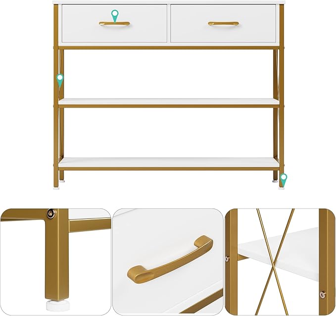 HITHOS Industrial Console Table with Drawers, Vintage Hallway Foyer Table with Storage Shelves, Narrow Long Sofa Entryway Table for Living Room, White/Gold-NeatNest
