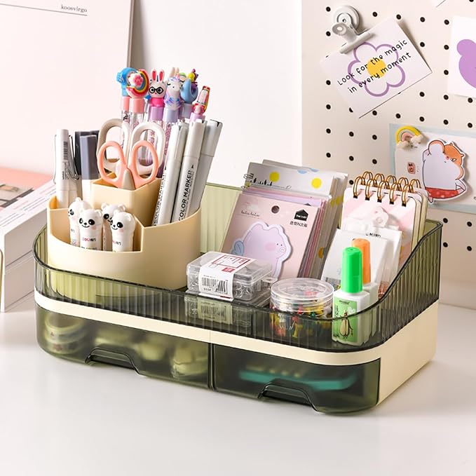 Makeup Organizer Countertop - Dual Drawer Cosmetic Storage with Spacious Compartments for Vanity, Holds 20 Brushes, 12 Lipsticks, 10 Skincare Bottles, Chic Modern Design