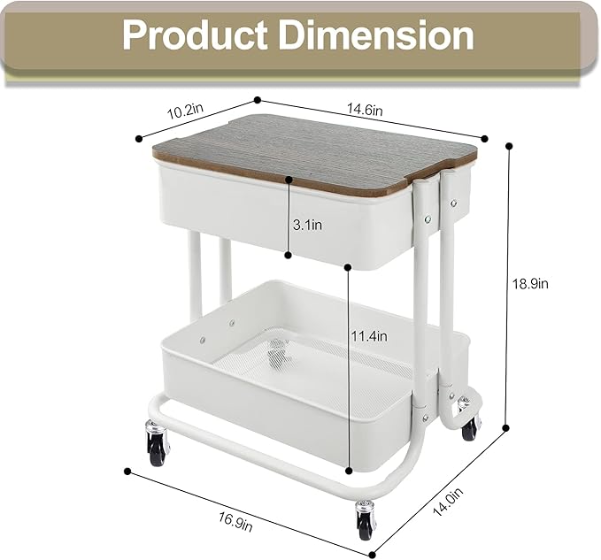Melody House 2 Tier Metal Utility Rolling Cart Storage Organizer with Cover Board, Mobile Trolley Sofa Side Table with Wheels for Office Home Kitchen Organization, White