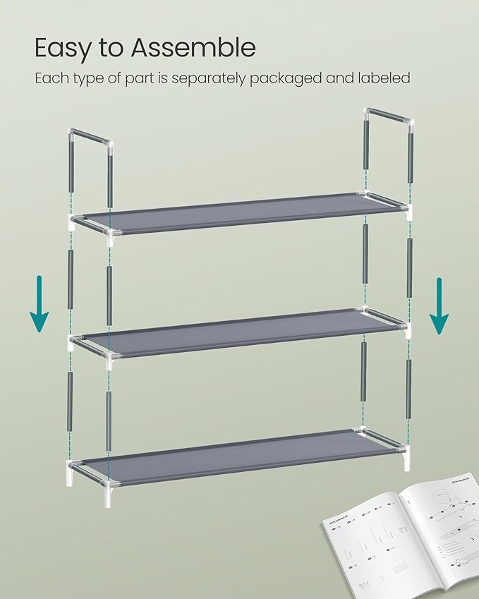 SONGMICS 3-Tier Shoe Rack, Shoe Storage for Hallway Closet, Slim and Space-Saving, Metal Frame, Non-Woven Fabric Shelves, Grey ULSH053G01V1-NeatNest