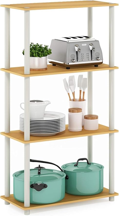 Furinno Turn-N-Tube 4-Tier Multipurpose Shelf Display Rack, Round Tubes, Blonde Maple/White-NeatNest
