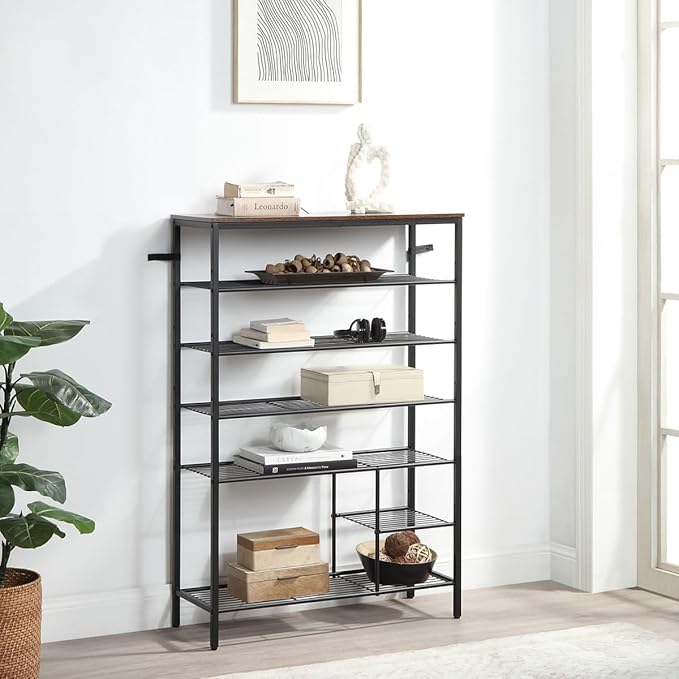 6 Tier Shoe Rack Organizer, Metal Mesh Shoe Storage Shelf, Storage Boots .for Entryway, Closet,Hallway, Bedroom,Cloakroom,Garage, Industrial,Rustic Brown-NeatNest