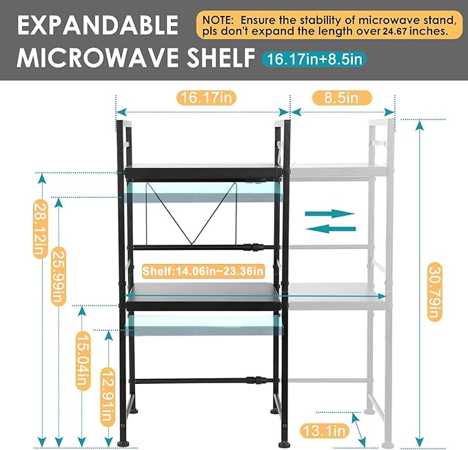 DOLALIKE Microwave Oven Rack, Expandable Microwave Stand Countertop Kitchen Utensils Tableware Storage, Carbon Steel Over Microwave Shelf Countertop with 3 Hooks-NeatNest