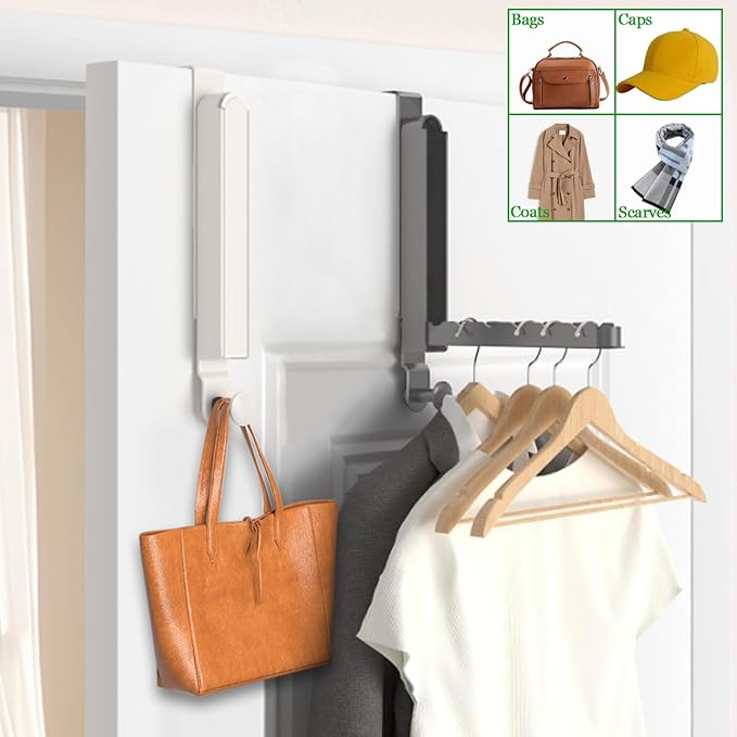 2 Pack Over The Door Hanger Folding Clothes Drying Rack,Fit Door up to 1-3/4" Optimal,Collapsible Foldable Hanging Coat Rack w/Retractable Rod,Clothing Hanger Hook for Laundry Room (Gun Gray)