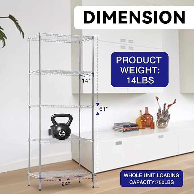5-Tier Wire Shelving Unit Storage Shelves Metal Shelves 61''x24''x14'' Metal Shelving Unit Heavy Duty Wire Rack Shelving NSF for Home Kitchen Bathroom Garage Shelving (Chrome) NCF-MN5