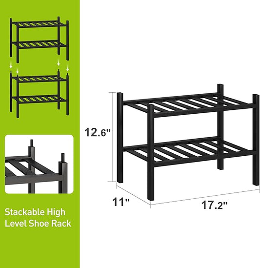 BMOSU 2-Tier Bamboo Small Shoe Rack Premium Stackable Shoe Shelf Storage Organizer for Hallway Closet Living Room Entryway Organizer (Black Bamboo)-NeatNest