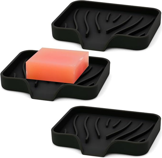3-Pack Silicone Soap Dish, Bar Soap Holder, Soap Dishes for Bar Soap, Easy to Clean, Self Draining Soap Tray for Shower, Bathroom, Kitchen, Bathtub, Keep Soap Dry, Save Soap (Black)-NeatNest