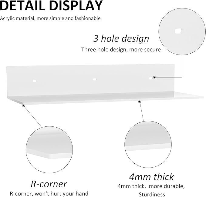 2 Pack White Acrylic Floating Shelves 15 Inches, Wall Hanging Bathroom Shelves, Wall Storage Shelf for Kitchen, Dining Room, Living Room, Bedroom, Bathroom, Retail, Supermarket-NeatNest