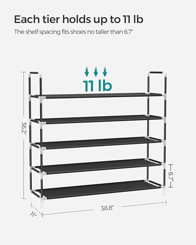 SONGMICS 5-Tier Shoe Rack, Shoe Storage for Hallway Closet, Slim and Space-Saving, Metal Frame, Non-Woven Fabric Shelves, Black ULSH55H-NeatNest