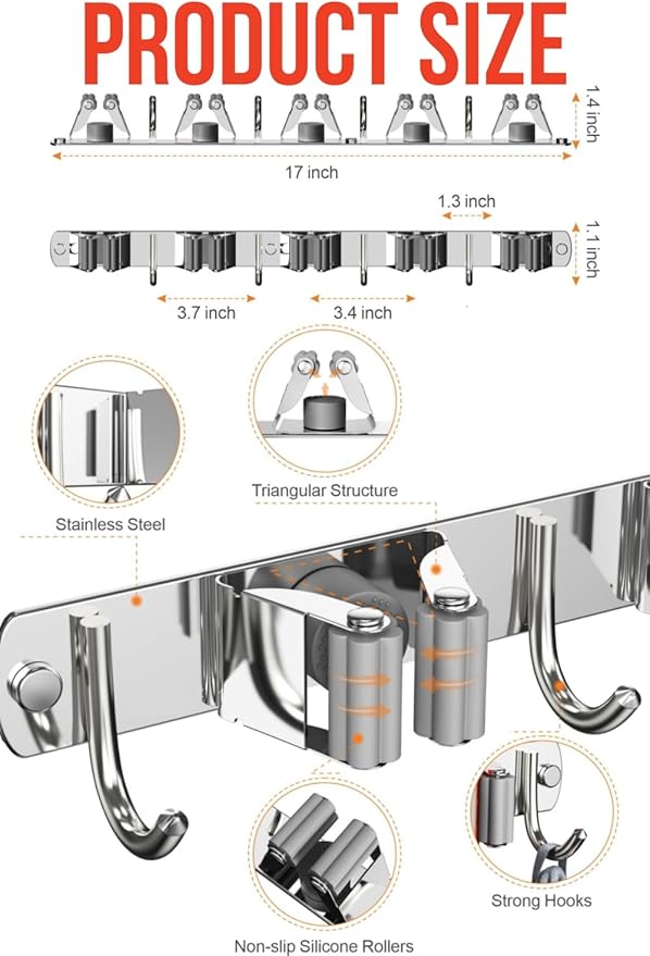 Mop and Broom Holder Wall Mount, Upgraded Broom Hanger Wall Mount, Stainless Steel Broom Organizer for Closet Garage Laundry Room Kitchen Wall Decor(5Racks 4Hooks Silver)