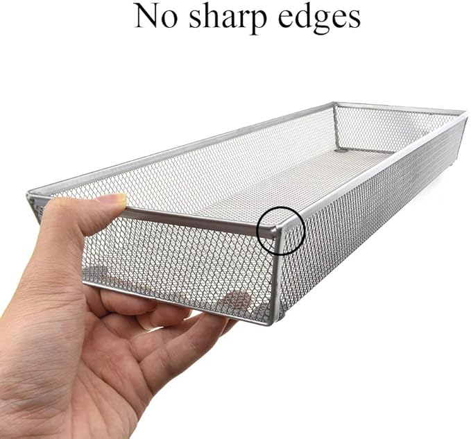 HAHIYO Stackable Mesh Tray Cup 15 x 6 x 2 inches Sturdy Container for Desk Drawer Organizer Collection for Home Office School kitchen Soft Foam Feet No Sharp Edges 1 Pack Silver-NeatNest