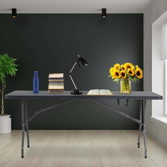 6 Foot Folding Table Small Table Multipurpose Indoor Outdoor Heavy Duty Camping Table Portable Picnic Table Fold-in-Half Utility Dining Table Lock for Picnic,Party,Camping,Black-NeatNest