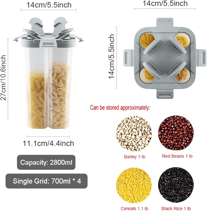 Cereal Storage Containers Airtight, Clear 2.8L Food Storage Containers with Lids and Compartments, Spaghetti Noodle Container for Grain, Flour, Rice, Nuts-NeatNest