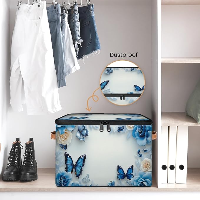Butterfly Storage Bins with Zipper Lid, Blue Rose Lidded Storage Baskets Boxes Foldable Organizer with Leather Handles for Clothes Closet Shelf Toys-NeatNest