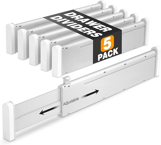 HiYZ Expandable Drawer Dividers - 12.6-22.8'' Adjustable Drawers Organizers for Kitchen Utensils, Drawer Separators in Bedroom, Dresser, Office, Bathroom, Fridge, 5 Pack Long Dividers-Gray-NeatNest