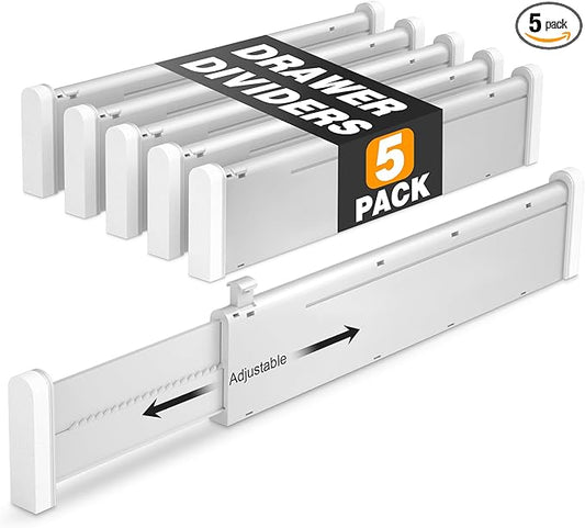 HiYZ Expandable Drawer Dividers - 12.6-22.8'' Adjustable Drawers Organizers for Kitchen Utensils, Drawer Separators in Bedroom, Dresser, Office, Bathroom, Fridge, 5 Pack Long Dividers-Gray-NeatNest