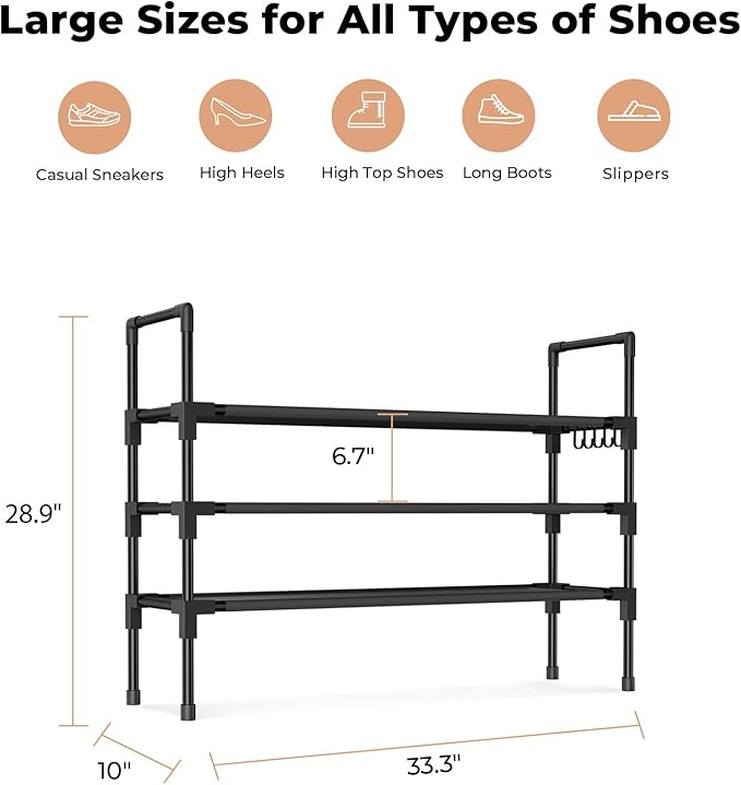 3 Tier Shoe Rack, Shoe Organizer Storage for 16-20 Pair Boot and Sneaker, Stackable Free Standing Shoe Shelf with Hooks and Side Pocket, Space Saving Shoes Rack for Closet, Entryway-NeatNest