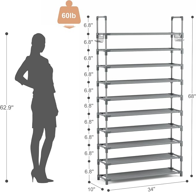 VTRIN 10 Tiers Shoe Rack Tall Large Capacity 50 Pairs Wide Shoe Organizer Sturdy Shoe Shelf for Entryway with Two Hooks Metal Shoe Storage for Closet, Bedroom, Grey-NeatNest