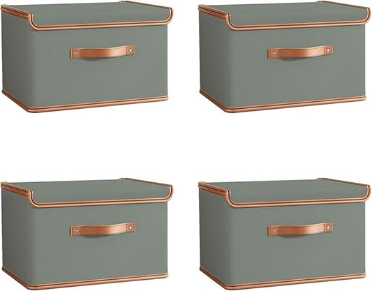 Tuza 4 Pack Storage Bins with Lids, Collapsible Closet Organizer Container, Fabric Organizer Box with Handles, Decorative Storage Boxes with Lids for Organizing Clothes, Blanket, Grey, Extra Large-NeatNest