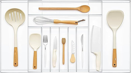 Expandable Kitchen Drawer Organizer Clear Acrylic Utensil Organizer Adjustable Acrylic Silverware Storage for Kitchen Drawers Silverware Flatware Knives (9-11 Compartments,18.5 x 17.4 Inches)