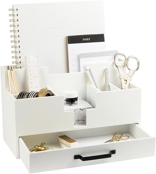 BLU MONACO White Wood Desk Organizer with Drawer – Home Office Accessories for Women – Compact Desktop Storage Solution-NeatNest