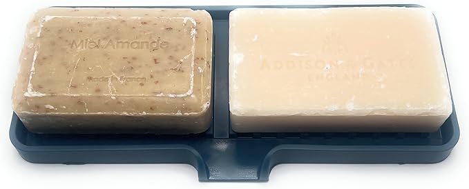 Happitasa Silicone Soap Dish Tray and Sponge Holder with Drain Chute | Bathroom and Kitchen Sink Organizer Caddy (Smoky Blue, 9"x3.5", 5.6 Ounces)-NeatNest