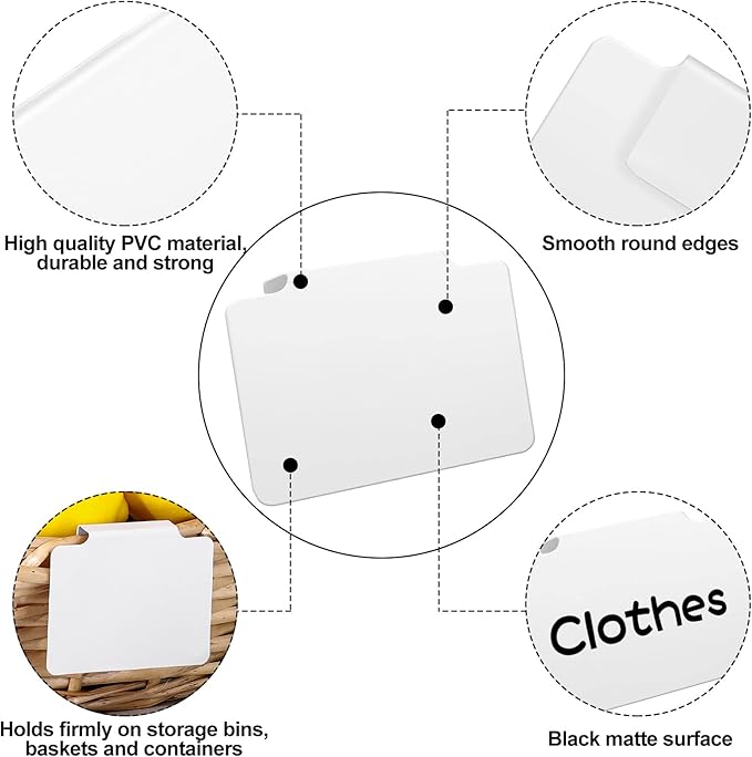 34 Pcs White Basket Labels Clip on Removable Hanging Label Holder with Chalk Markers for Storage Bin Basket Box Kitchen Pantry